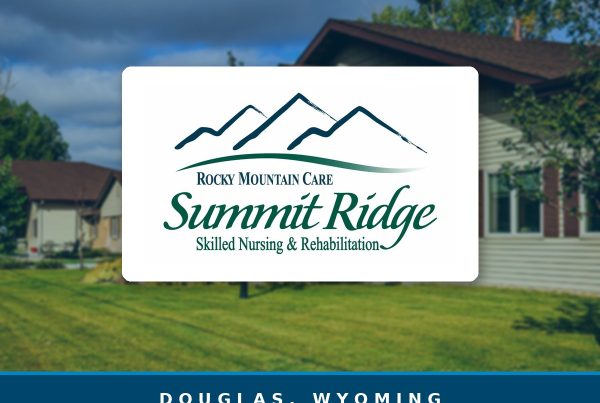 Summit Ridge logo for Rocky Mountain Care, featuring a mountain graphic and green swoosh, with location Douglas, Wyoming.