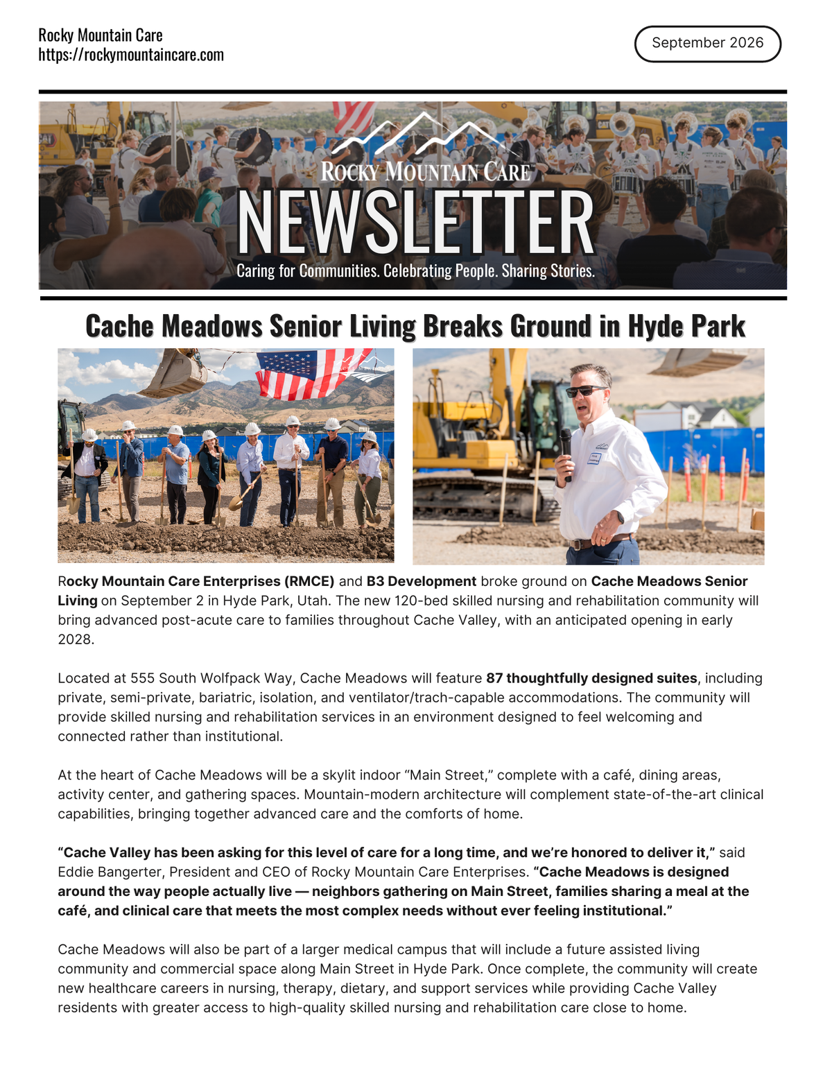 September 2026 Rocky Mountain Care newsletter cover: Cache Meadows Senior Living Breaks Ground in Hyde Park